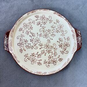 Temptations Floral Lace Chocolate Brown Round Trivet 10" Handled No Box Ceramic